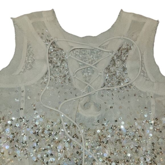 NWT Adrianna Papell Champagne Sheer Beaded Sequin Sleeveless Top Blouse S - Picture 2 of 16